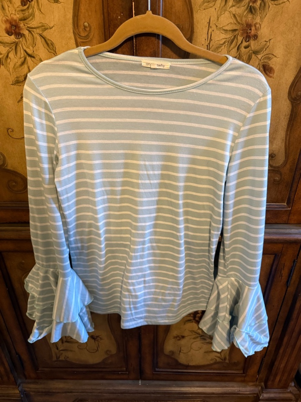 Mint & White Striped Ruffle Bell Sleeve Long Sleeve Top